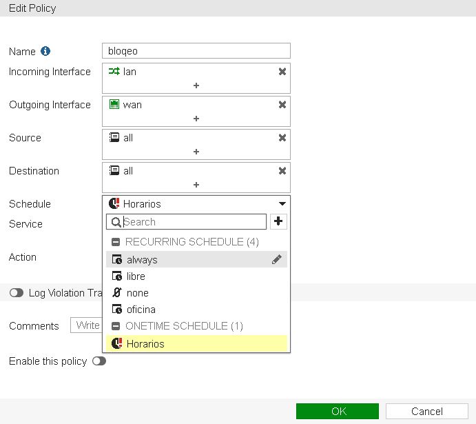 creacion de horarios de equipos fortigate 5